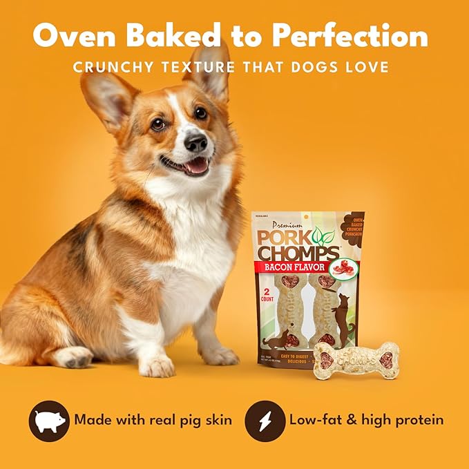 Pork Chomps Dog Chews, 4-inch Crunchy Bones, Bacon Flavor, 2 Count (Pack of 2)