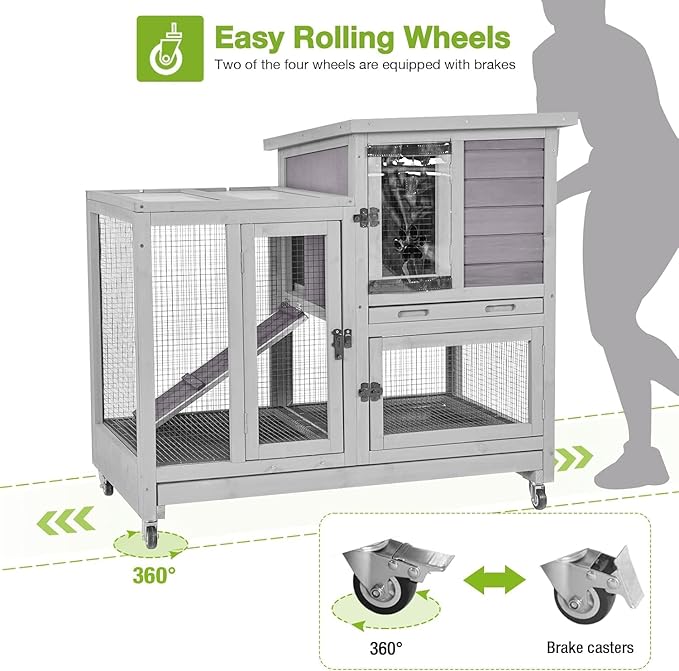 GUTINNEEN 40.6"L 2-Story Rabbit Hutch Indoor & Outdoor Guinea Pig Cage, Wooden Bunny House with Wire Mesh Floor, Leakproof Pull-Out Tray & Heavy-Duty Wheels, Small Animal Enclosure for Patio Backyard