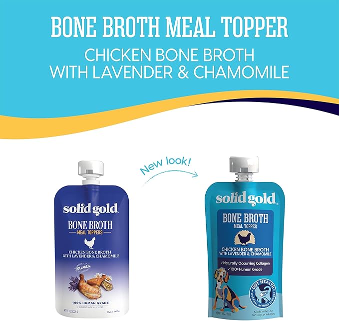 Solid Gold Chicken Bone Broth for Dogs - Grain Free Dog Food Topper Rich in Collagen and Superfoods - Nutrient Dense Dog Gravy Topper for Dry Food - Promotes Gut Health and Hydration - Single