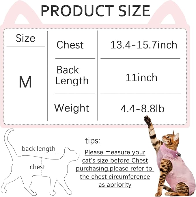 Cat Surgery Recovery Suit - M Size Pink, Soft and Breathable Modulating Material for Comfortable Recovery, Easy to Wear and Ideal for Post-Op Care