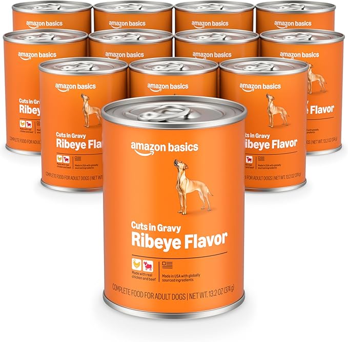 Amazon Basics Wet Dog Food, Cuts in Gravy, Ribeye Flavor, Made with Real Chicken and Beef, 13.2 oz can (Pack of 12)