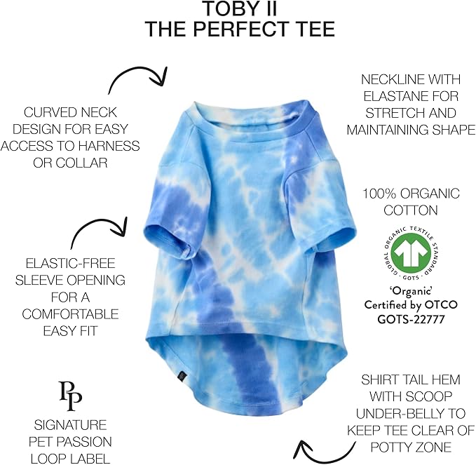 Toby II - The Perfect Tee, 3 Pack Short Sleeve Pet T-Shirt 100% Organic Cotton Tees Clothes for Small, Medium, Large Dogs, Blue Tie Dye, Medium (20-45 lbs)