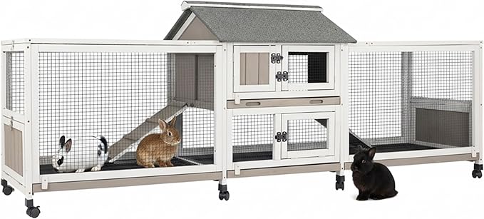PetsCosset Outdoor Wooden Rabbit Hutch with Double Runs,Waterproof Asphalt Roof Bunny Cage with Raised Floor, Easy-Clean Design Pull Out Tray, Secure & Comfortable Hut for Rabbits