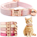 Personalized Non-Breakaway Cat Collar with Name, Luxury Soft Velvet Custom Engraved Name Collar with Bell for Kittens & Cats (Rosewater, L (7.5-12.5 inches))