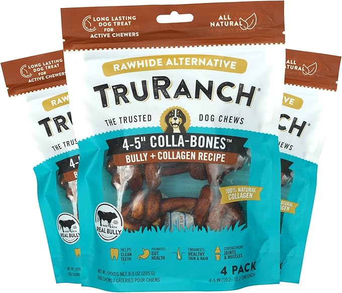 TRURANCH 4-5" Collagen Bones, Bully - Collagen Dog Bones - Long Lasting Healthy Joint Support - Rawhide Alternative - Skin & Coat Health, Value Pack, 3 Bags, 12 Count