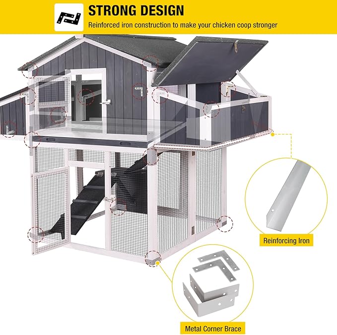 Large Chicken Coop, Wooden Chicken Coops with Nesting Boxes and Removable Tray, Waterproof Hen House with Asphalt Roof, Poultry Cage for Outdoor Backyard, Unique Folding Design (Black)