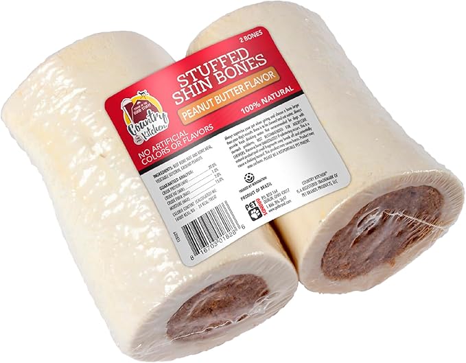 Country Kitchen Stuffed Shin Bone Peanut Butter Flavor Dog Treat, 100% Natural, Long Lasting, 2 Small Bones, 3-4 Inches