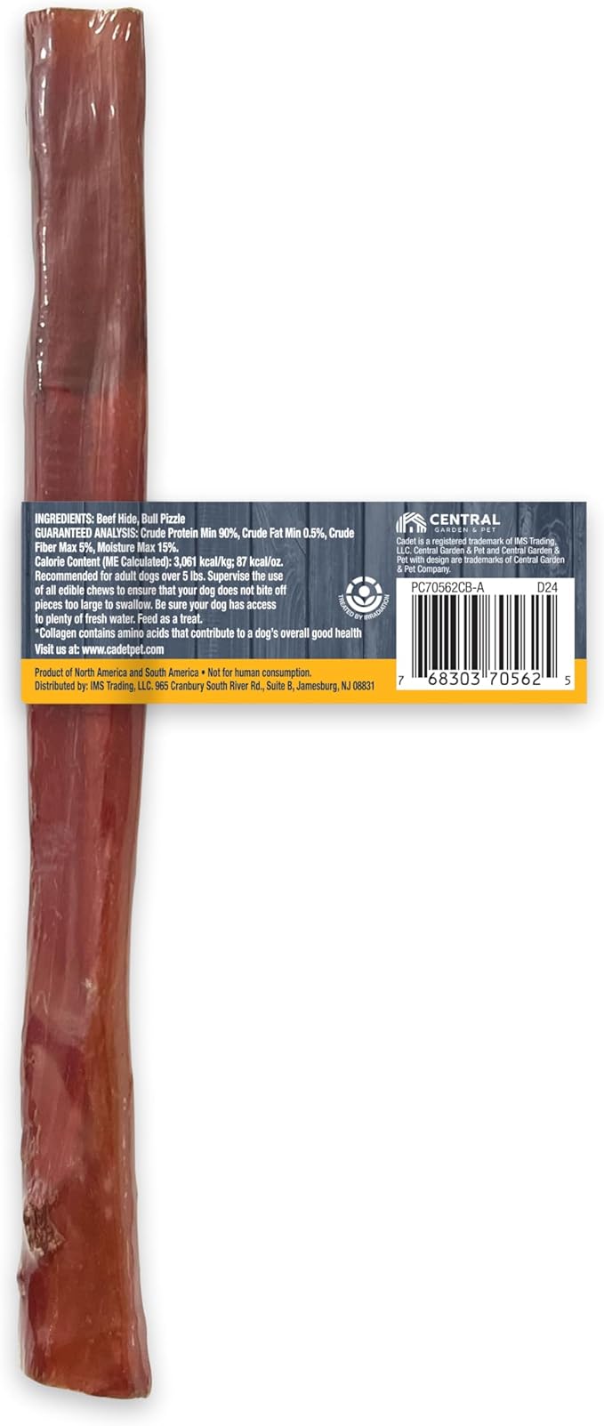 Cadet Bully Hide Sticks for Large Dogs, All-Natural Beef Pizzle, Limited-Ingredient Long-Lasting Dog Chews for Aggressive Chewers, 1 Count (Pack of 2)