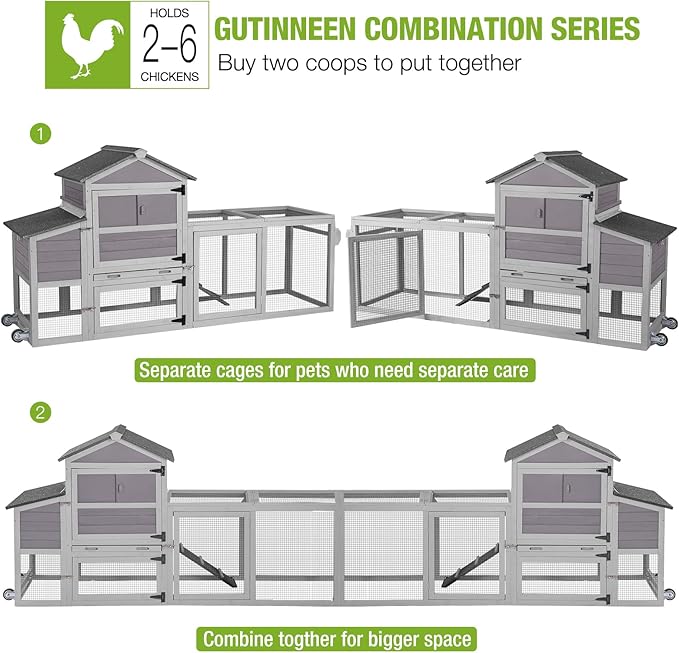 GUTINNEEN Mobile Chicken Coop with Wheels for 2-4 Chickens, Expandable Wooden Hen House with Divided Nesting Box, Reinforced Coop Balcony, Roosting Perch, Metal Pull-Out Tray, 82.4" L (Brown)