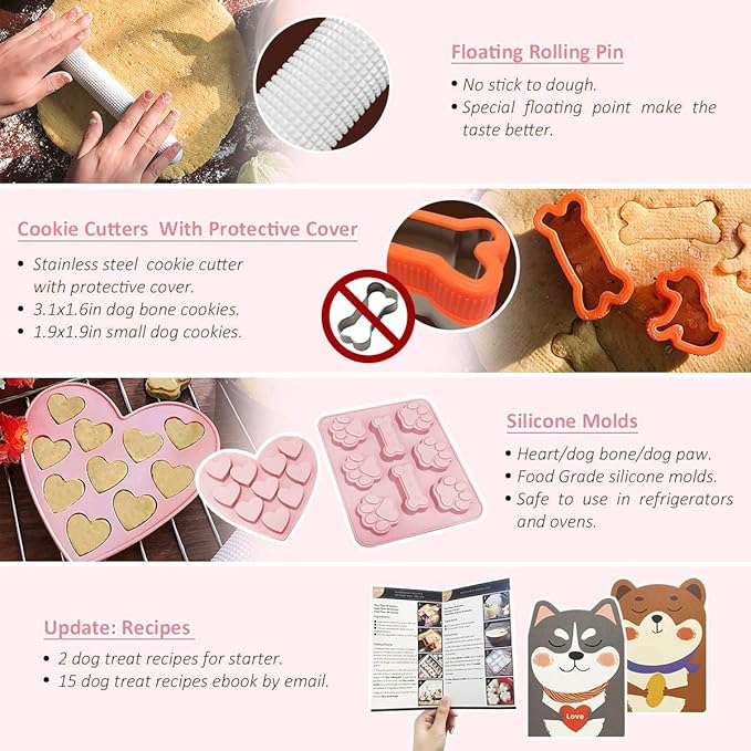 55 Pcs Dog Lovers Gifts, Make Your Own Dog Treats Kit, Including Bone Cookie Cutter and Silicone Molds, Bags, etc.
