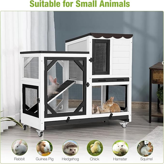 Rabbit Hutch Indoor Outdoor, 2-Story Bunny Cage with Wheels, Wooden Rabbit House with Leakproof Trays, Rain Cover, Guinea Pig Cages with Chew-Proof Ramp (White)