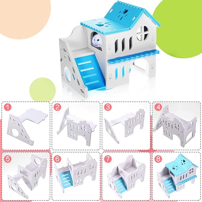Skylety 5 Pcs Hamster Toys Include Wooden Accessories Hamster House Guinea Pig Hideout Rainbow Bridge Seesaw Swing Exercise Circle Cage Toy for Small Animals(6.3 x 3.93 x 5.5 Inch,Blue)