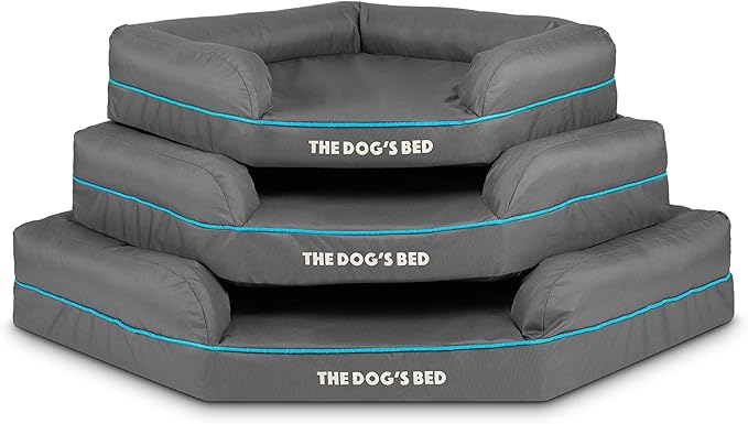 The Dog’s Bed Orthopedic Memory Foam Corner Dog Bed, Calming Surface – CertiPUR-Certified Foam, Oxford Fabric, Grey with Blue Trim, Large