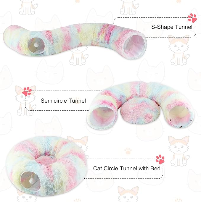Christmas Tree Cat Tunnel for Indoor Cats, Collapsible Cat Donut Tunnel with Central Mat, Fluffy Cats Cave Tube with Hanging Ball for Kitten Rabbit Puppy Ferret (Color)