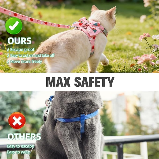 PAWCHIE Cat Harness and Leash Set Escape Proof with Bow Knot, Adjustable Kitten Vest Harness for Outdoor Indoor Use, Lightweight Soft Walking Travel Pet Harness for Medium Cats Boys Girls,Pink M