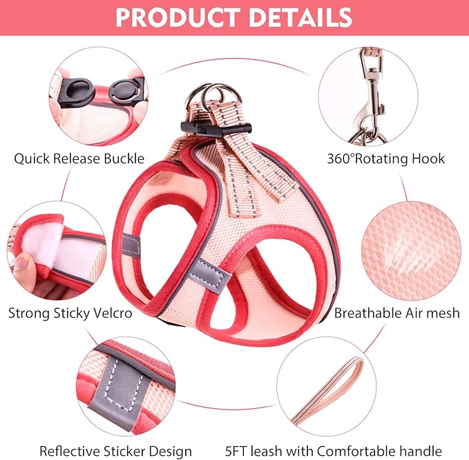 Cat Harness and Leash Set, Soft and Breathable Vest with Reflective Strip, Escape Proof Kitten Harness, Easy to Wear for Cats Walking and Traveling (Red, M)