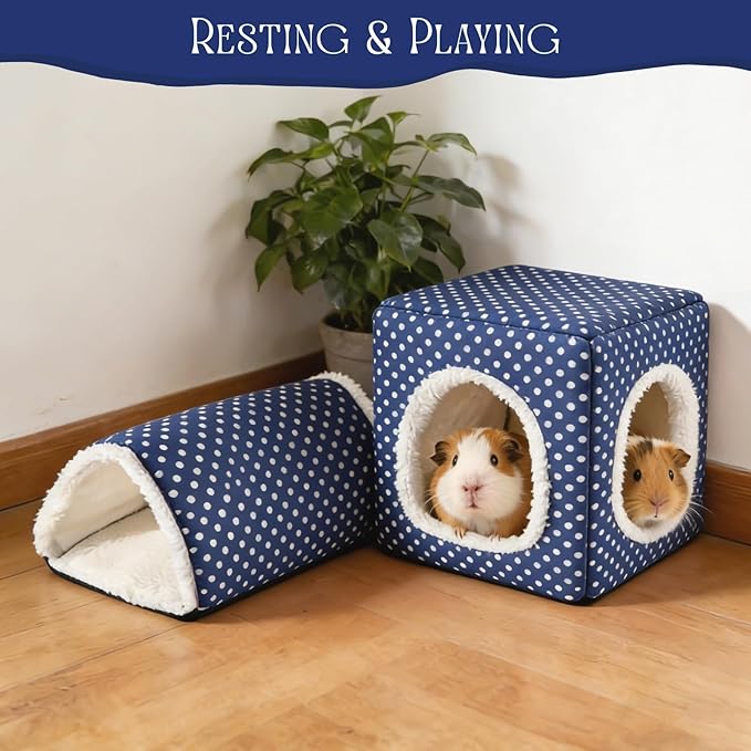 Guinea Pig Hideout, Dwarf Rabbit Bed with Play Tunnel, Washable Fleece House for Dwarf Bunnies, Chinchillas, Hedgehogs, Small Animal Cage Accessories Blue Dot