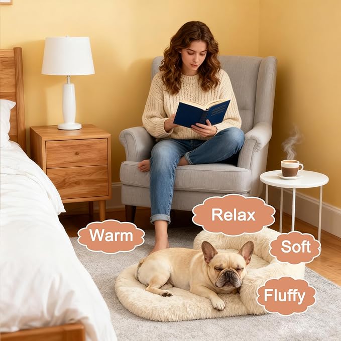 Calming Dog Beds for Medium Large Dogs, Orthopedic Cushion Plush Dogs Lounge Couch Sofa with Washable Removable Cover, Anti-Anxiety Soft Faux Fur Fits up to 40 lbs Pets (Oval, Beige 32"x24")