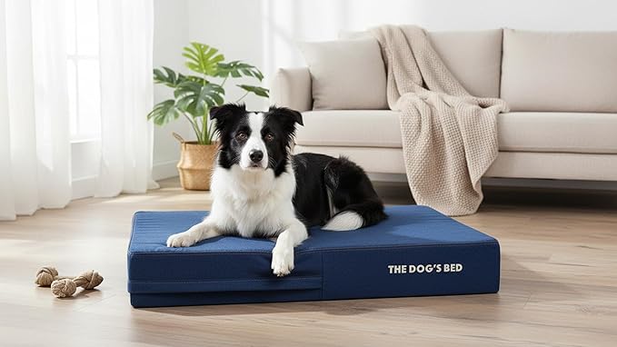 The Dog’s Bed Orthopedic Memory Foam Dog Bed for Large Dogs, Waterproof Washable Cover, Anti-Slip Base, Calming Surface – CertiPUR-Certified Foam, Real Blue Denim, 6 Inch Thick