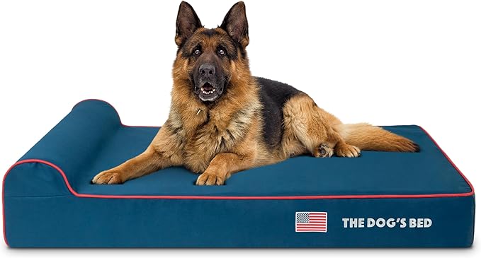 The Dog’s Bed Orthopedic Memory Foam Dog Bed with Headrest, Calming Surface – CertiPUR-Certified Foam, Oxford Fabric, Blue with Red Trim USA Flag, XL, 6-Inch