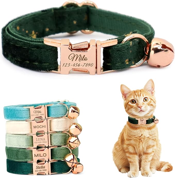 Personalized Non-Breakaway Cat Collar with Name, Luxury Soft Velvet Custom Engraved Name Collar with Bell for Kittens & Cats (Dark Green with Stars, S (6.5-10.5 inches))