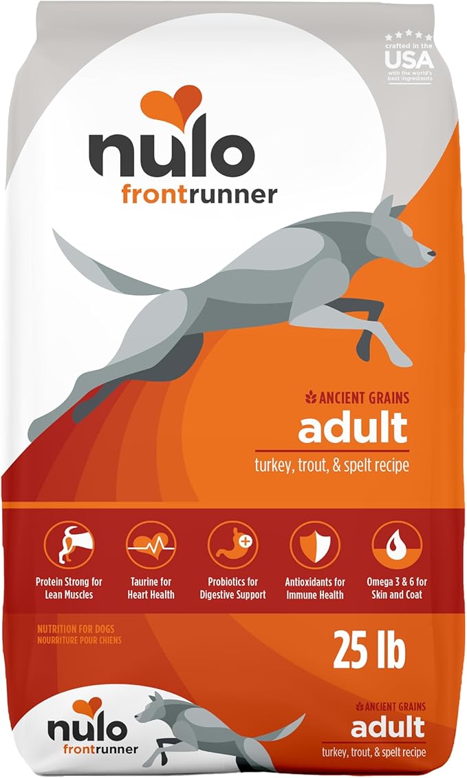 Nulo Frontrunner Dry Dog Food - Adult High-Protein Turkey, Trout & Spelt Recipe, Natural Kibble with Ancient Grains, Probiotics, Taurine, Omega 3 for Small, Medium and Large Breeds, 25lb Bag