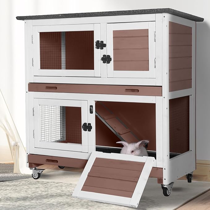 Suumerpety 2-Tier Wooden Rabbit Hutch Indoor Bunny House Guinea Pig Cage with Sliding Plastic Trays Wheels for Easy Cleaning Ventilation Design and Mobility, 36 Inch Small Animal Home (Brown, M)