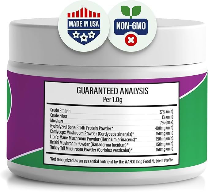 All-Natural Mushroom Powder for Dogs for Immunity, Cognition, Longevity, Bumps, and Lumps Support, Turkey Tail Mushroom for Dogs with Lion’s Mane, Reishi & Cordyceps, 4.25 oz Jar