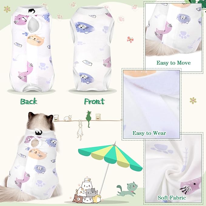 Nuanchu 3 Pieces Cat Recovery Suit Kitten Recovery Suit E-Collar Alternative for Cats and Dogs Abdominal Skin Anti Licking Pajama Clothes Sets(Small,Cute Style,Colorful)