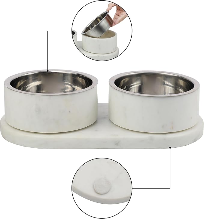 DBL1000B Marbre Small/Medium Modern Weighted Double Marble and Stainless Steel Bowl 12oz (1.5 Cups) Feeder with Non-Slip Marble Tray Set, White