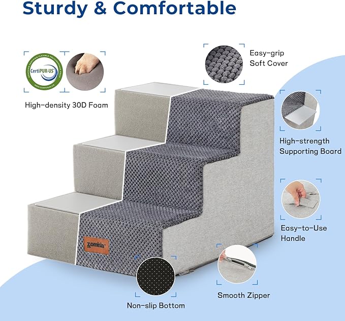 ZOMISIA Dog Steps for Couch - Pet Stairs for Small Dogs and Cats, Dog Steps with Non-Slip Bottom Grey 3 Steps, Beige