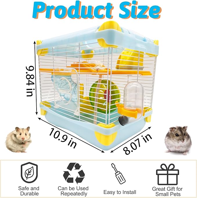 Hamiledyi Portable Hamster Cage 2 Layers Dwarf Hamster Habitat Small Animal Travel Cage with Exercise Wheel Hamster Enclosure Mouse Cage for Hamsters Mice Gerbils or Other Tiny Pets