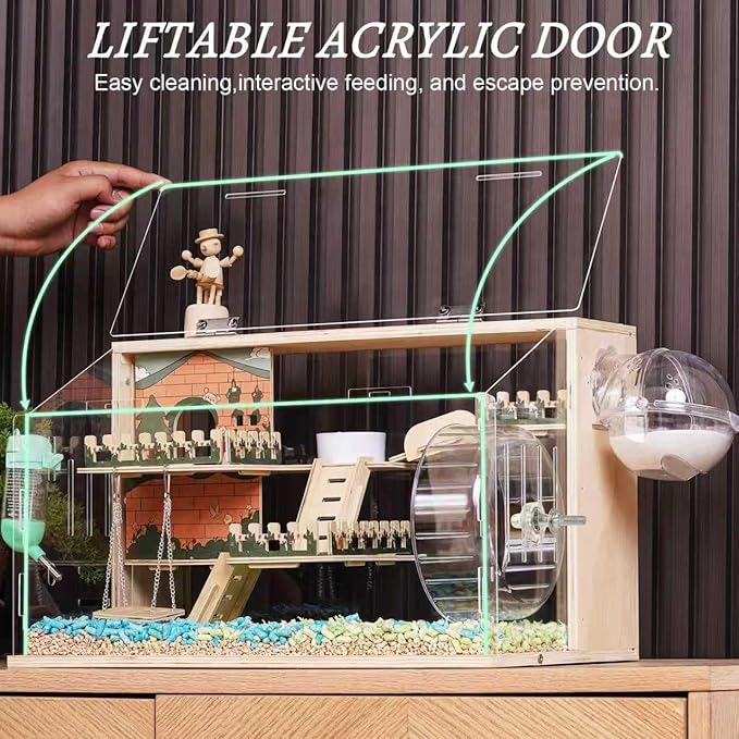 11 in 1 Wooden Hamster Cage with All Accessories, 19.3" 3-Layer Dwarf Hamster Cage Acrylic,Small Animal Cages, Pastoral Style Mouse Cage for Mice, Hedgehog and Small Pets, with Stairs, Fences, Swing