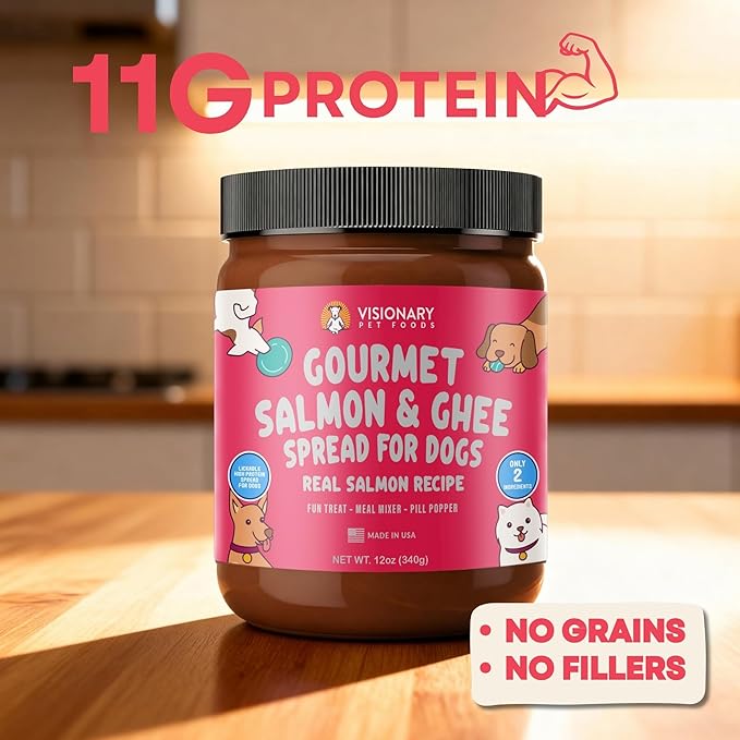 Visionary Pet Foods Salmon Meat Spread - Healthy Dog Treat - Alternative to Dog Peanut Butter, Xylitol Free, No Sugar and Filler Free - Use on Lick Mat, Food Mixer, Pill Pockets - 12oz Jar