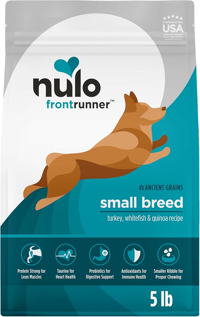 Nulo Frontrunner Dry Dog Food Small Breed - High-Protein Turkey, Whitefish & Quinoa Recipe, Natural Puppy & Adult Dog Food, Small Sized Kibble with Probiotics, Taurine, Omega 3, 14lb Bag