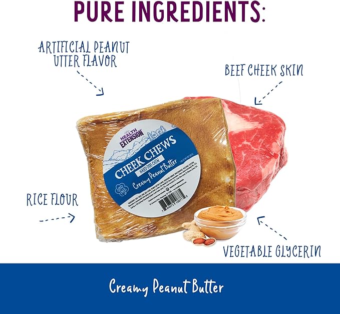 Health Extension Cheek Chews for Dogs – Non-GMO, Rawhide-Free Peanut Butter Flavor Training Treat, Durable for Aggressive Chewers, 4 Pack