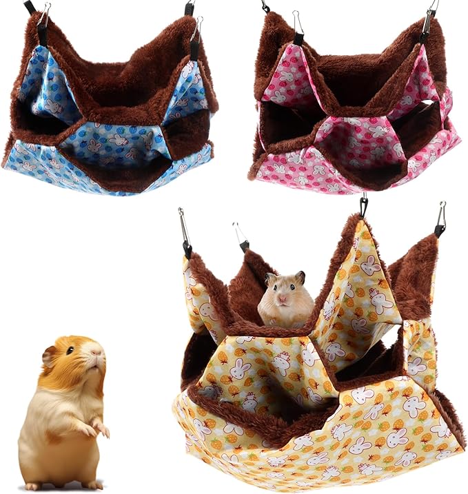 Weewooday 3 Pcs Rat Hammock 3 Tier Ferret Hammock Cage Hanging Bed Cage Accessories for Pet Guinea Pig Hamster Parrot Sugar Glider Ferrets Rat Chinchilla Playing Sleeping(Blue, Pink, Yellow)