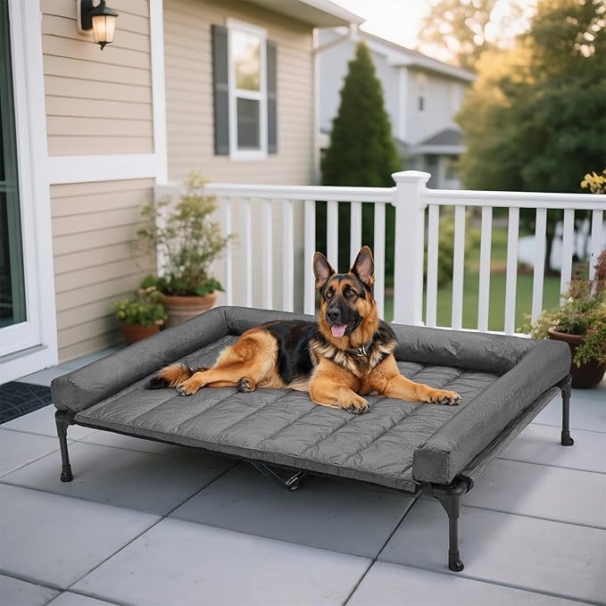 Veehoo Cooling Elevated Dog Bed Add Removable Waterproof Bolster Cushion Mat, Raised Pet Cot with Breathable Teslin Mesh, No-Slip Feet, Dog Couch Bed for Indoor Outdoor, 53 inches, Black Silver