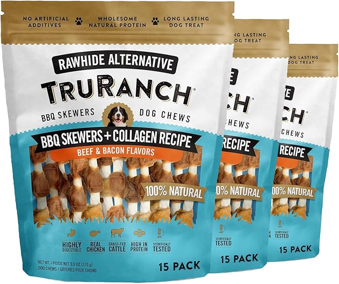 TRURANCH 5" BBQ Collagen Skewers - Collagen Dog Chews - Long Lasting Healthy Joint Support - Rawhide Alternative - Skin & Coat Health, Value Pack, 3 Bags, 45 Count