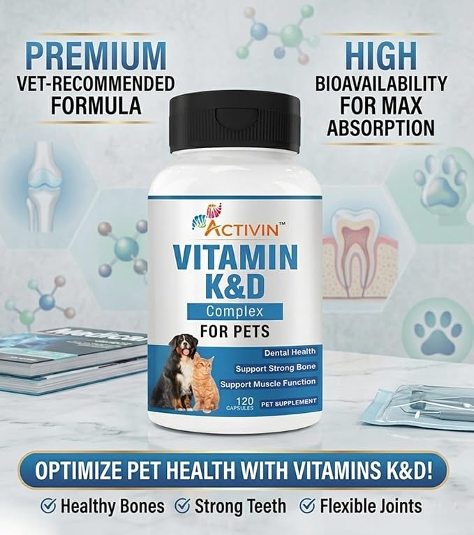Vitamins K and D Complex K1 & K2 (MK4 & MK7) + Vitamin D3, Help Maintain Strong Bones | Promote Healthy Heart | Boost Immune System | Support Muscle Function for Pets |120 Capsules.