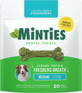 Minties Dental Chews for Dogs, 20 Count, Vet-Recommended Mint-Flavored Dental Dog Treats for Medium Sizes 25-50 lbs, Bones Clean Teeth, Fight Bad Breath, and Removes Plaque and Tartar