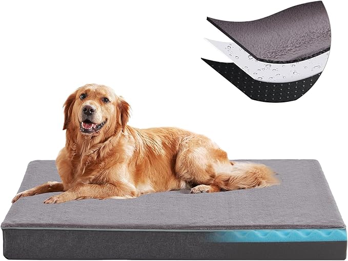 Cooling Dog Beds for Dogs, Orthopedic Memory Foam Dog Bed，Washable Pet Beds for Crate with Faux Fur Cover, Waterproof Lining (Grey, X-Large: 41" x 29" x 4")