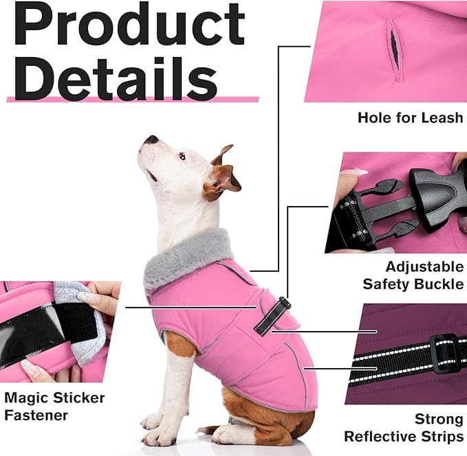 Lelepet Warm Dog Coats for Large Dogs Waterproof Dog Winter Jacket Reflective Pet Fleece Vest Windproof Cold Weather Coats with Adjustable Buckle & Leash Hole, Pink, L