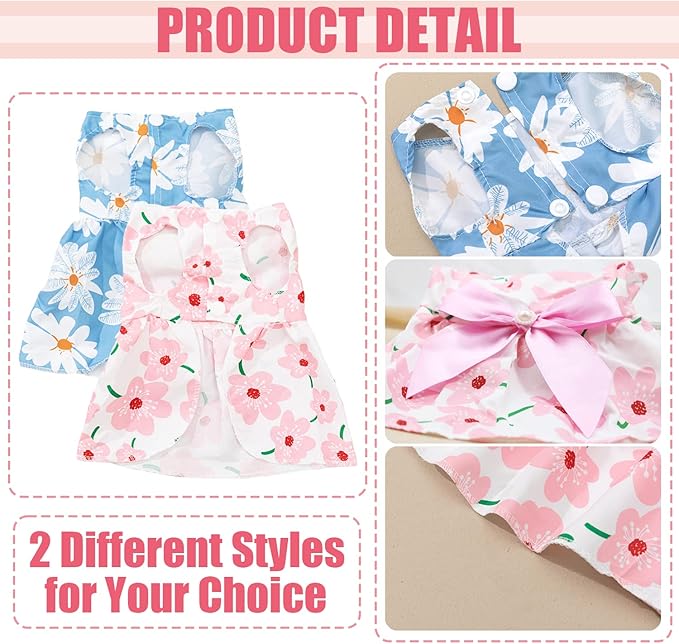 2 PCS Dog Dresses Small Dogs Clothes Outfit for Pets Puppy Dresses Floral Summer Cute Female Cat Dress(Medium)