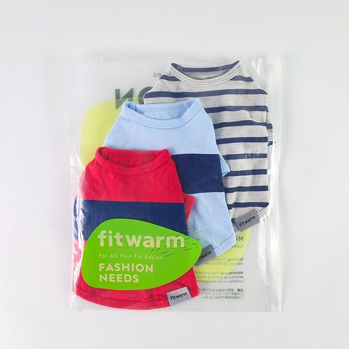 Fitwarm 3 Pack Color Block Striped Dog Shirt, Summer Dog Clothes for Small Dogs, Breathable Lightweight Pet Tshirt with Sleeves, Cat Outfit, Red, Blue, Grey