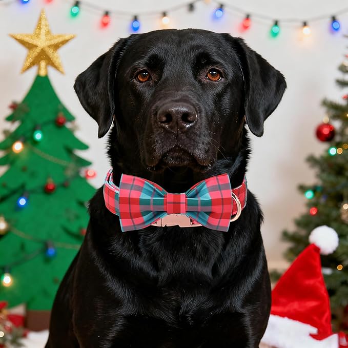 Unique Style Paws Christmas Dog Collar with Bow Red Green Grid Cotton Puppy Collars for Small Medium Large Dogs