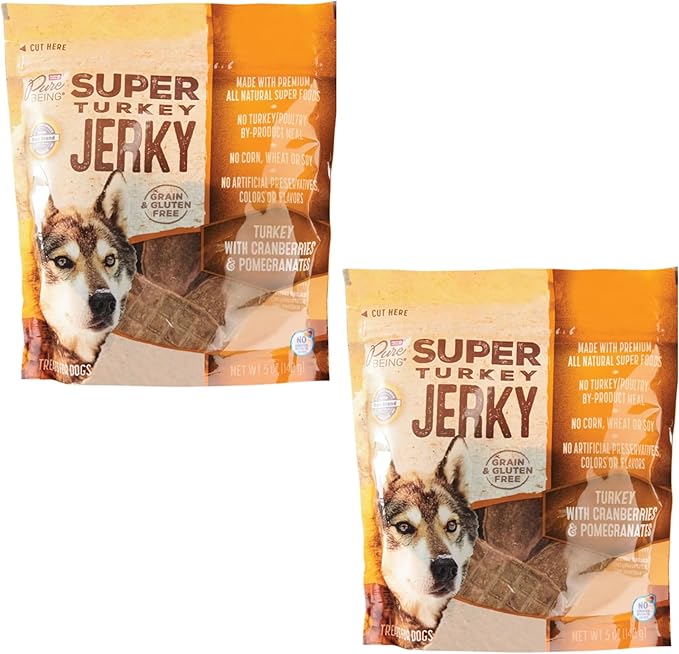 2-Pack Gourmet Super Jerky Dog Treats: Turkey w/Cranberries & Pomegranates + Chicken w/Blueberries & Pear | 5oz Each (2 Pack, 2 Turkey Flavor)