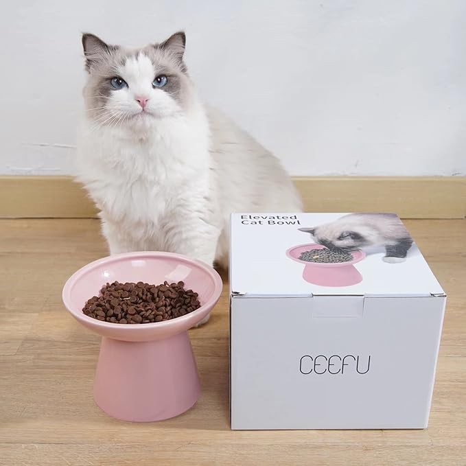 CEEFU Extra Wide Elevated Ceramic Cat Food Bowl - 6.2" Shallow Dish for Whisker Fatigue Relief, 5" Height for Easy Feeding, Lead & Cadmium Free, Durable Raised Cat Food Bowls, Pink