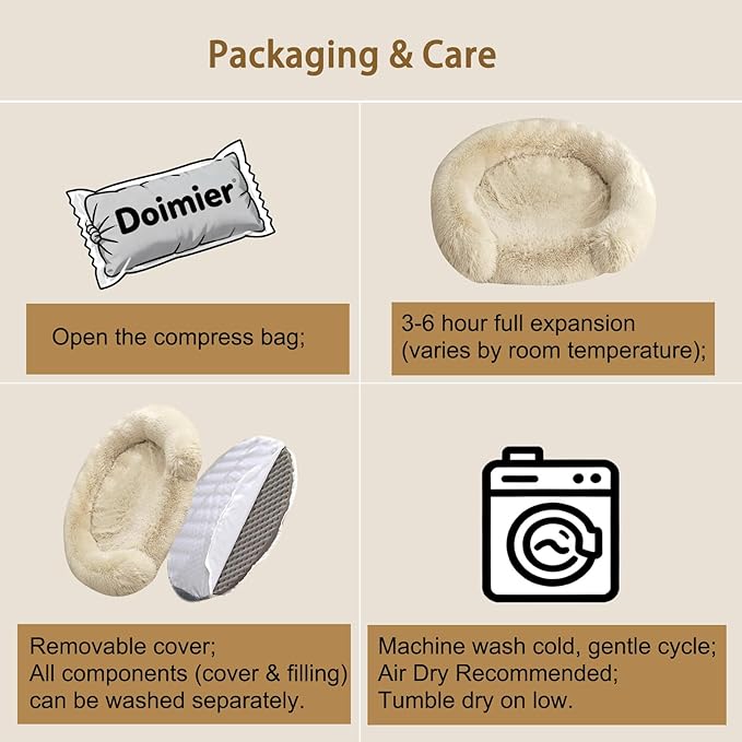 Calming Dog Bed for Small Medium Dogs, Anti-Anxiety Donut Washable Puppy Bed Orthopedic Cushion, Soft Fluffy Faux Fur Plush Warming Cozy Cat Bed, Fits up to 25 lbs Pets (Round, Beige 23")