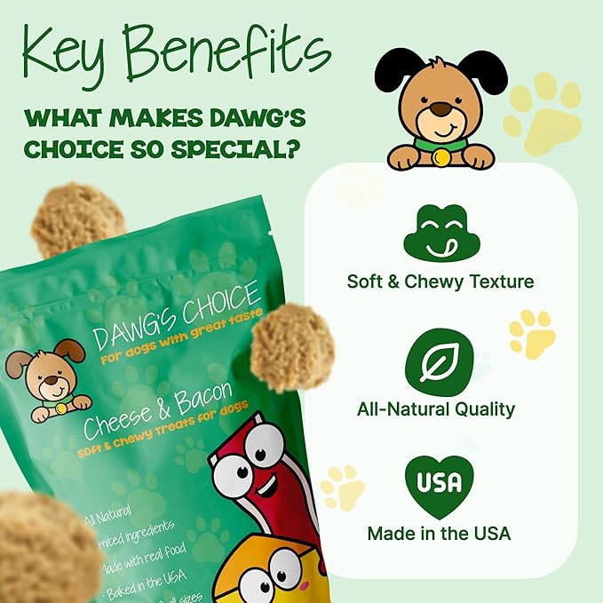 DAWG'S CHOICE Soft & Chewy Dog Treats, Cheese & Bacon Snacks for Dogs, Dog Treats Made in USA, Human Grade, All-Natural Ingredients, High Value Training Treats, for Small, Medium & Large Dogs